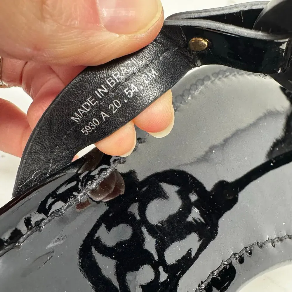 Tory Burch Miller Sandal Black Patent Leather Logo Medallion Thong Flat Size 8